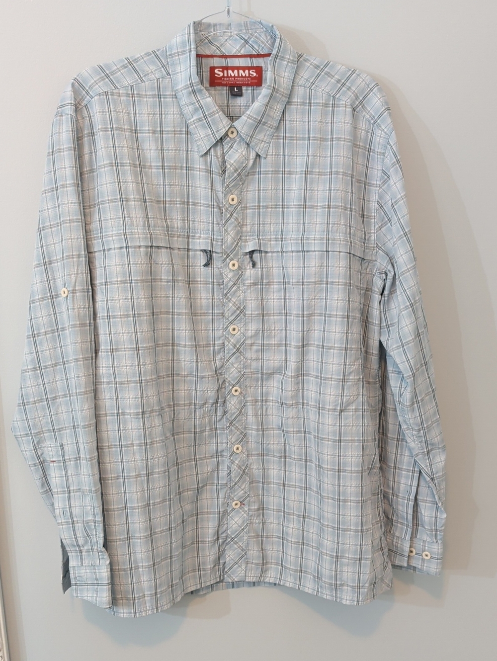 Simms Light Blue Plaid Long-Sleeve Button Down Shirt L Fly Fishing